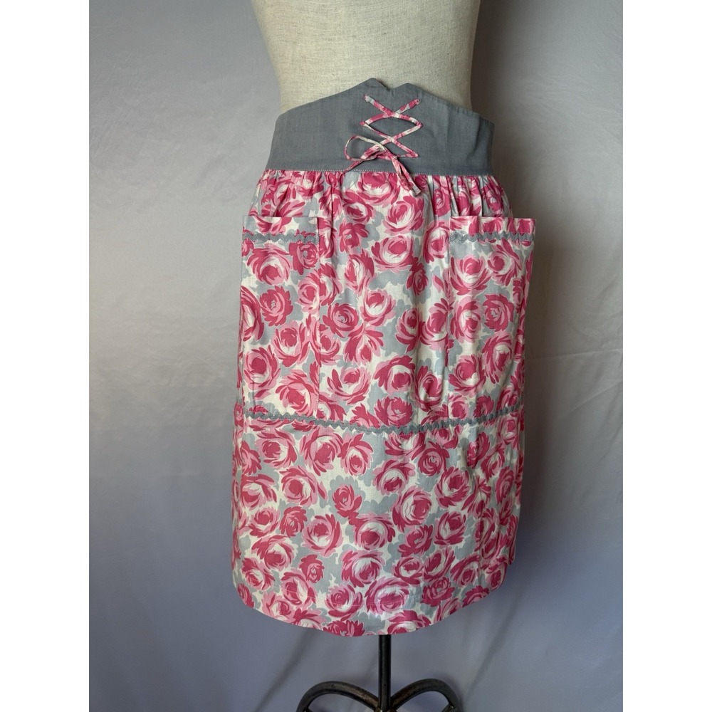 Vintage 1/2 Apron Floral Roses‎ Pink Grey White 2 Pocket Retro Cottage Farmhouse